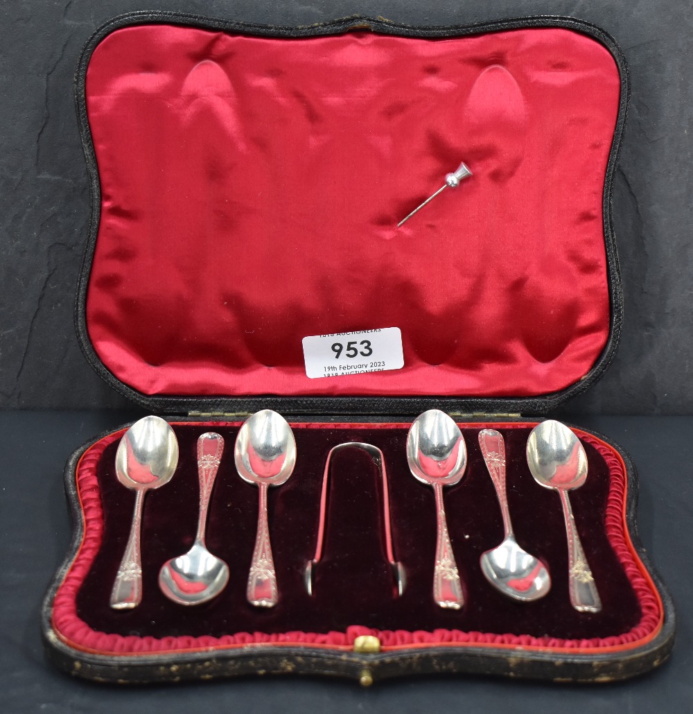 A cased set of six late Victorian silver teaspoons and sugar tongs, each having bright-cut