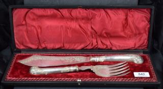 A late Victorian silver-plated fish serving set, comprising over-sized knife and fork, each with