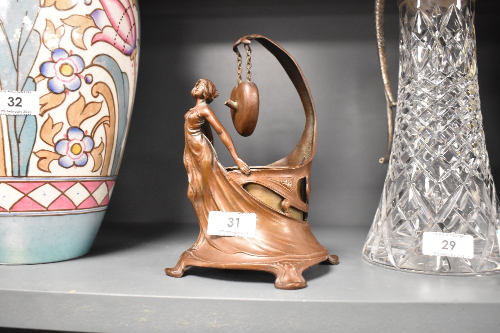 An Art Nouveau container, in coppered patinated pewter with a female figure draped around a - Image 2 of 4