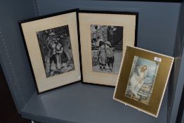 A pair of early 20th century machine woven pictures of children and a hand painted silk panel of a