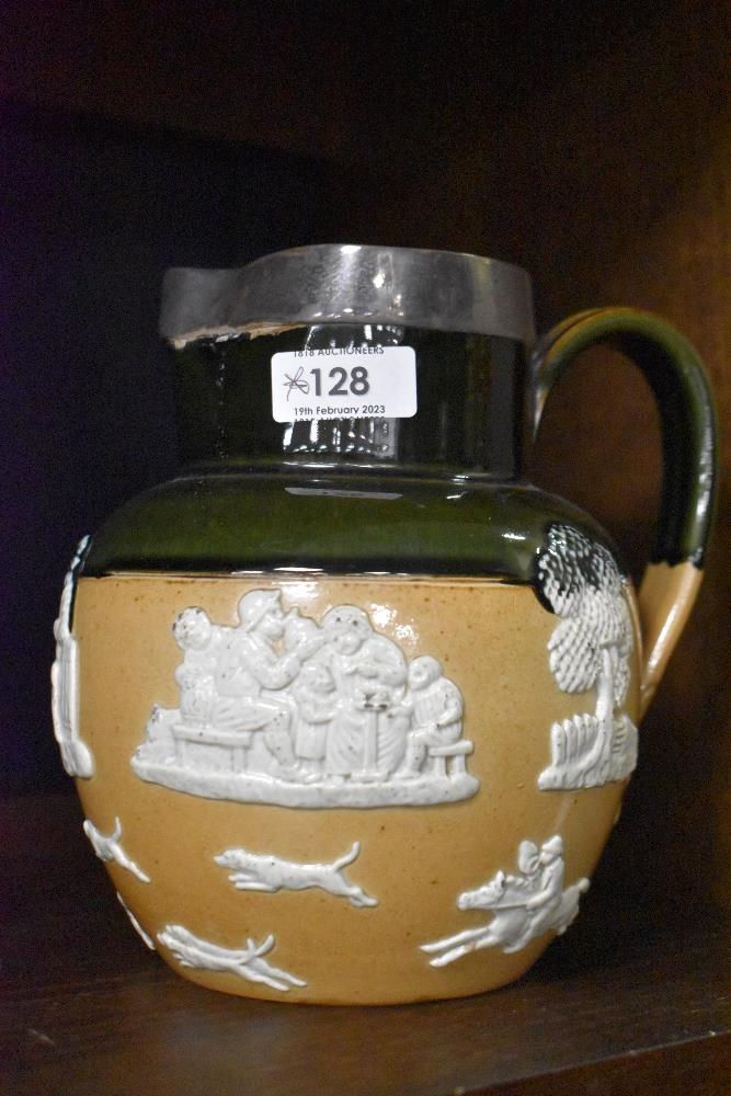 A Royal Doulton stoneware hunting jug with applied silver rim and two-tone globular body moulded