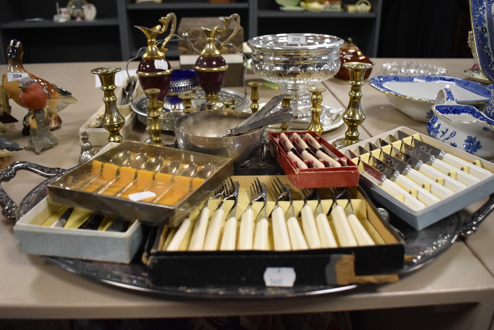 Five boxes of vintage cutlery, a large silver plated serving tray and a collection of small candle