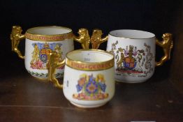 Three Paragon china Royal Coronation cups including double lion handle and 1953 Queen Elizabeth