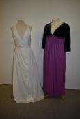 Two 1970s maxi dresses to include white Michael Frank dress and Green and purple Quad dress.