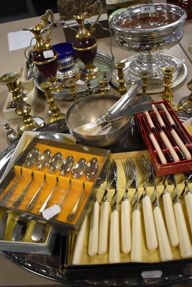 Five boxes of vintage cutlery, a large silver plated serving tray and a collection of small candle - Image 2 of 2