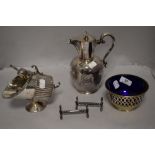 A selection of fine silver plated table wares including a water jug, table salts and salt celler