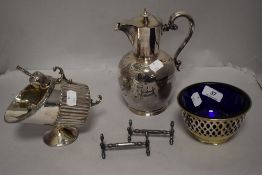 A selection of fine silver plated table wares including a water jug, table salts and salt celler