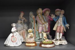 A selection of German porcelain figures in bisque glazes and a Coalport Emma Louise figure