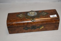 A fine Victorian glove box having burr walnut case with brass banding, cabachon decoration