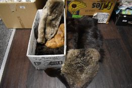 A mixed box of vintage and antique fur and similar items, including rabbit lined gloves, stole, mink