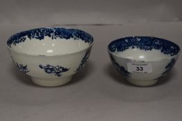 Two 18th century tea slop bowls having blue and white ware design with a tin glaze possibly by