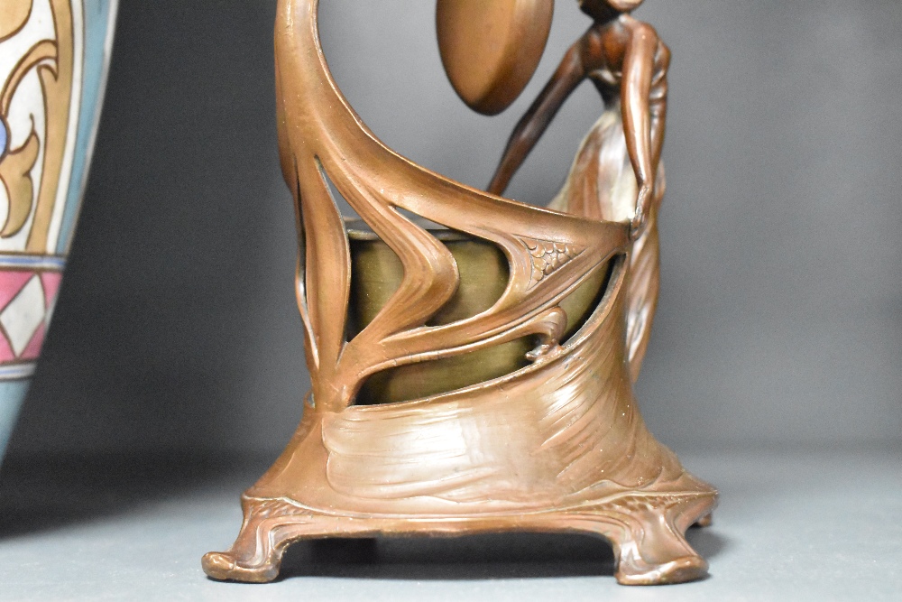 An Art Nouveau container, in coppered patinated pewter with a female figure draped around a - Image 4 of 4