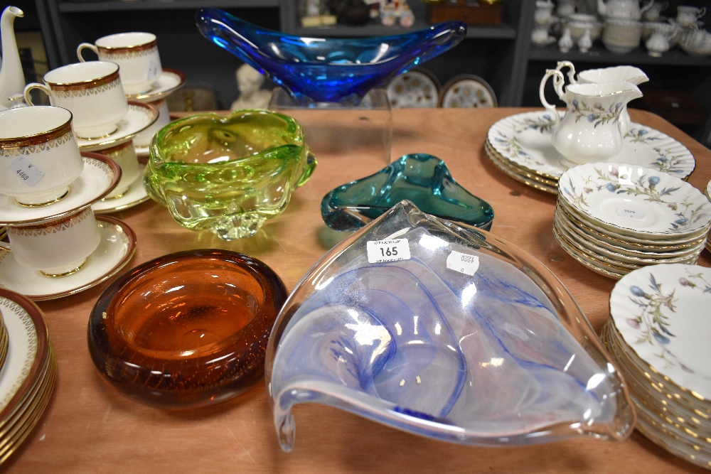 Five mid century pieces of art glass including control bubble ash tray and aqua blue glass bowls