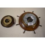 Two small barometers one of ships wheel design.