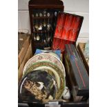 A glazed display case with teaspoons, a pair of Denby 'Wheatsheaf' condiments, twelve boxed