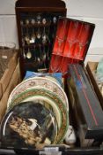 A glazed display case with teaspoons, a pair of Denby 'Wheatsheaf' condiments, twelve boxed