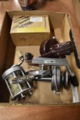 A Pluger Supreme reel with a box marked spares for pluger reel. a vintage shakespeare standard