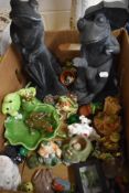 A Herpetology themed lot including two garden statues approx 12' and a selection of frog studies.
