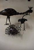 Three modern metal bird sculptures possibly for the garden.