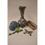 Five frog themed items including a modern vase in the Art Nouveau style, a set of six napkin rings