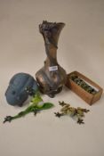 Five frog themed items including a modern vase in the Art Nouveau style, a set of six napkin rings