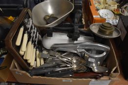 A small kitchen lot including a set of Avery balance scales, an Inca potato ricer, a boxed set of