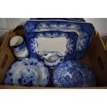 A collection of blue and white items some AF including Burslem meat platters and Copeland Spode