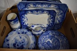 A collection of blue and white items some AF including Burslem meat platters and Copeland Spode