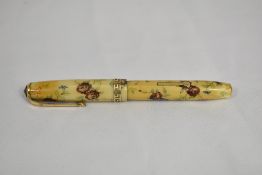 A Very rare Conway Stewart 22 lever fill fountain pen in The Floral design with Greek key band to