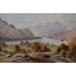 A 19th century watercolour, entitled 'Ullswater', autumnal scene with bridge to foreground,