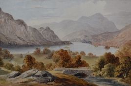 A 19th century watercolour, entitled 'Ullswater', autumnal scene with bridge to foreground,