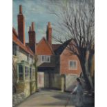 A 20th century oil on canvas laid down on board, local street/yard scene with figure, unsigned,