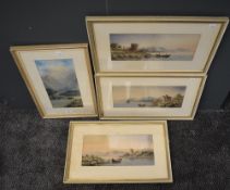 S Harris, (20th century), four watercolours, inc Continental lake landscapes, signed, 35 x 16cm, and