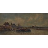 W Fox, ( 19th/20th century), a watercolour, thatched cottage church and river boat, signed and dated