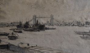 An early 20th century ink and watercolour sketch, a view over the River Thames to London Bridge,