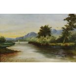 M C, (20th century), an oil painting, river scene, initialled and dated 1914, 15 x 21cm, fancy