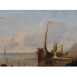 A 19th century oil on panel, coastal scene with fishing boats at low tide, unsigned, within plain