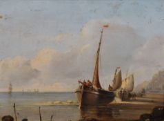 A 19th century oil on panel, coastal scene with fishing boats at low tide, unsigned, within plain