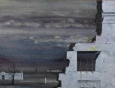 Tom Mellor (Local 1914-1994) watercolours, The Sleep Walker, surrealist architectural landscape with