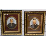 A pair of Victorian oval hand-coloured photographic portraits, within card mounts and moulded gilt