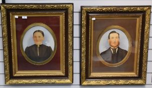 A pair of Victorian oval hand-coloured photographic portraits, within card mounts and moulded gilt
