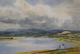 William Dodd (British 1908-1981) watercolour, The Knott Arnside with figures kite flying, signed