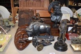 A variety of items, including vintage wooden boxes, cast metal pepper grinder, treen African mask,
