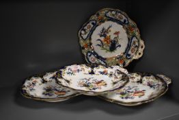 Four late 19th century BB New stone plates, having oriental hand tinted transfer pattern on white