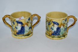 Two 19th century frog mugs, one being twin handled, both having frogs to insides.