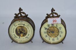 A late 19th/ early 20th century French desk top clock and barometer set, both having brass finials