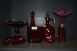 A mixed lot of vintage ruby and cranberry glass ware, Jack in the Pulpit vaseline, early 20th