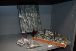 Three modernist nude sculptures, including heavy lead lady in sleeping postition and fibreglass