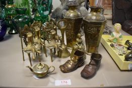 Two Islamic style brass vases, four miniature chairs and other novelty brass items.