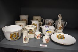 A collection of creasted ware and coronation ware, including 1902 dated cabinet cup, and items of